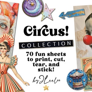 CIRCUS 70 carte digitali stampabili / Ampia collezione per collage di diari di spazzatura di tecniche miste, album di ritagli di arte digitale, carta da parati / cp018