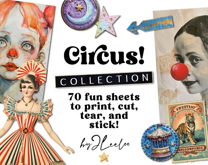 CIRCUS 70 Digital Papers Printable | Large Collection for Mixed Media Junk Journals Collage Digital Art Scrapbook Papercraft | cp018