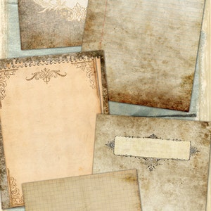 May include: A collection of vintage paper textures with ornate borders and lined and grid patterns. The papers are in shades of brown, beige, and white, with a blue background.