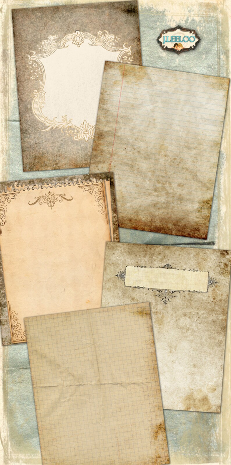 May include: A collection of vintage paper textures with ornate borders and lined and grid patterns. The papers are in shades of brown, beige, and white, with a blue background.
