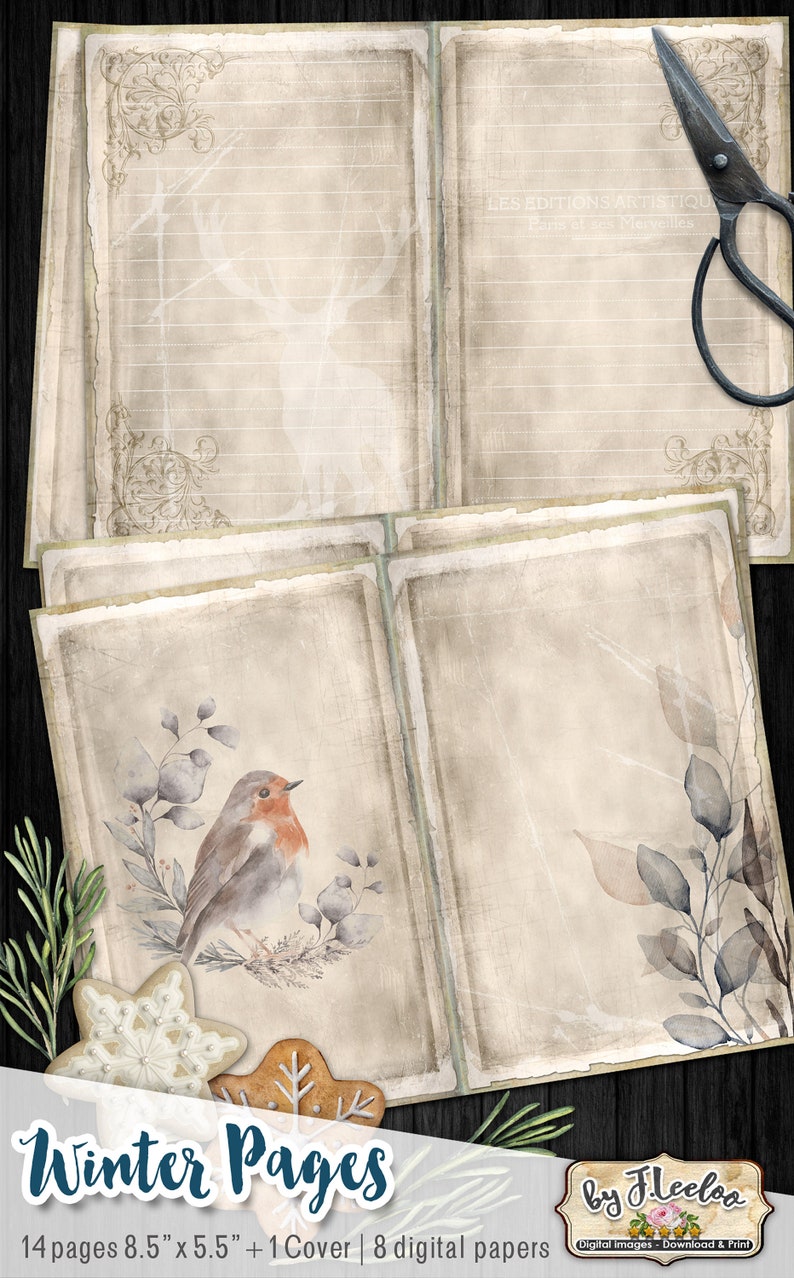 WINTER PAGES junk journal christmas holidays printable diary pages for Journals, Scrapbooks, Paper Crafts pp534 image 2