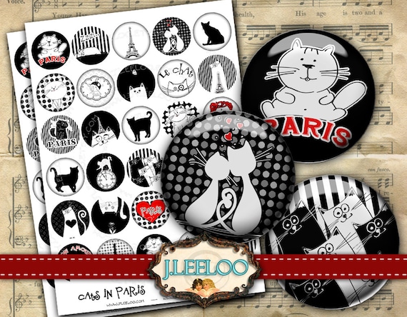 Digital collage sheet CATS IN PARIS 1.5 inch circle hang tags hand drawn images pendant magnet instant download printable image tn319