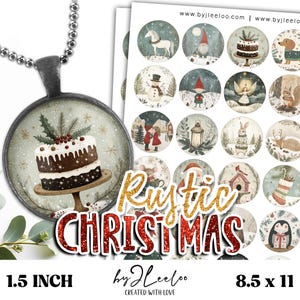 May include: A set of 25 printable 1.5 inch round Christmas themed stickers featuring illustrations of a snowman, a unicorn, a penguin, a gingerbread house, a stocking, a lantern, a cake, a deer, a squirrel, an angel, a gnome, a fox, a reindeer, and a Christmas tree. The text "Rustic Christmas" is written in gold and red glitter letters. The text "by JLeeloo" is written in black letters. The text "Created with Love" is written in black letters. The text "8.5 x 11" is written in black letters.