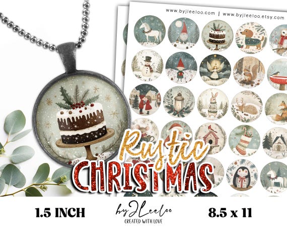 RUSTIC CHRISTMAS 1.5 inch printable retro folk winter cabochon, bottle cap, gift label, sticker | Holidays DIY Decoration Ornament | tn837