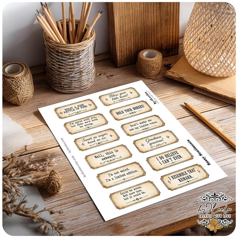 May include: A white sheet of paper featuring twelve rectangular labels with vintage-style borders and black text. The phrases include Bless your little heart, What a fine kettle of fish, Hold your horses, I'd agree with you, but then we'd both be wrong.