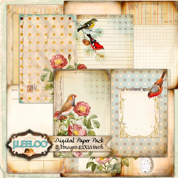BIRDS PAPERS diary 8.5x11 inch journal kit crafting background ephemera scrapbook instant download printable pp277