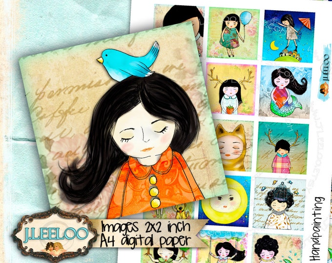 Digital collages HANDPAINTING 2x2 inch square clipart romantic for pendant magnet and craft instant download printable paper qu418