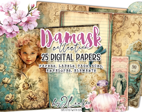 DAMASK COLLECTION junk journal kit | watercolor printable pages | victorian romantic digital collage sheet | vintage stationery | pp627