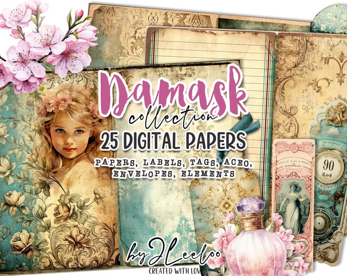 DAMASK COLLECTION junk journal kit | watercolor printable pages | victorian romantic digital collage sheet | vintage stationery | pp627