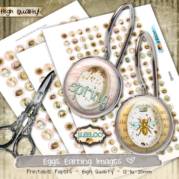 Digital collage sheet EGGS 12 16 20mm circle sheets earring ring size birds royal chic digital images jewelry instant download tn393