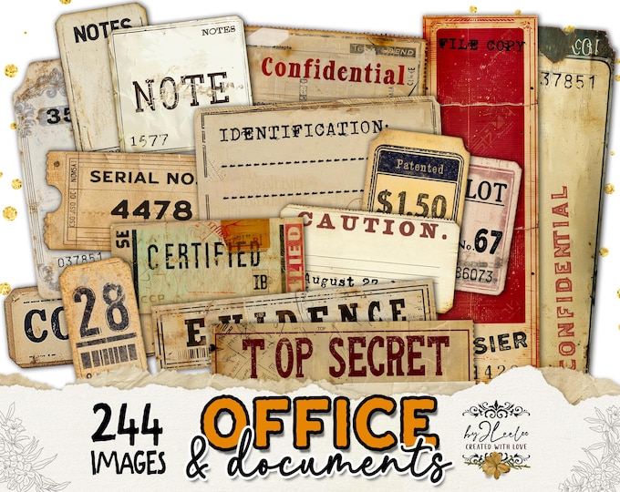 OFFICE and DOCUMENTS 244 Tags and Labels Vintage - Printable Ephemera, Junk Journal, Scrapbooking, Digital Download | Commercial Use | tl318