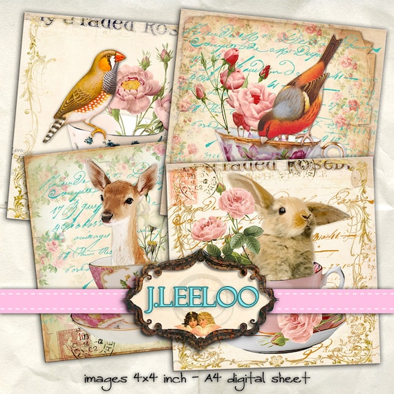 Digital print CUP OF TEA 4x4 inch hang tag bird deer rabbit animal images coaster magnet instant download printable image qu375