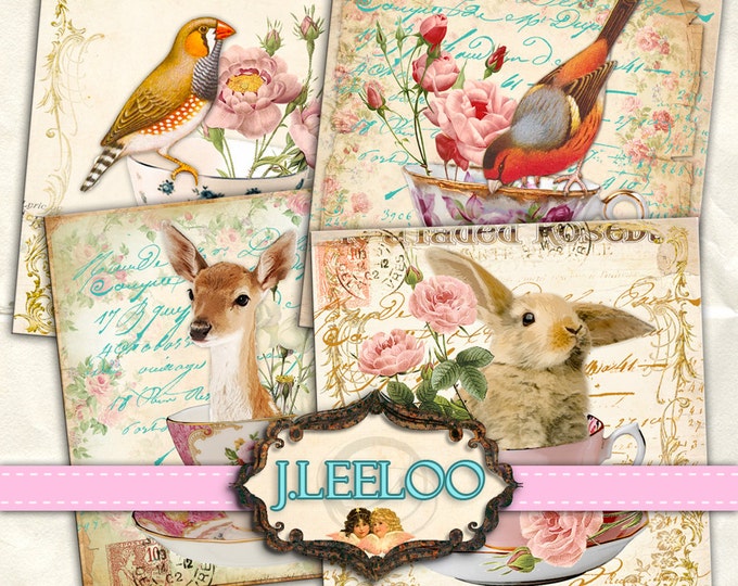 Digital print CUP OF TEA 4x4 inch hang tag bird deer rabbit animal images coaster magnet instant download printable image qu375