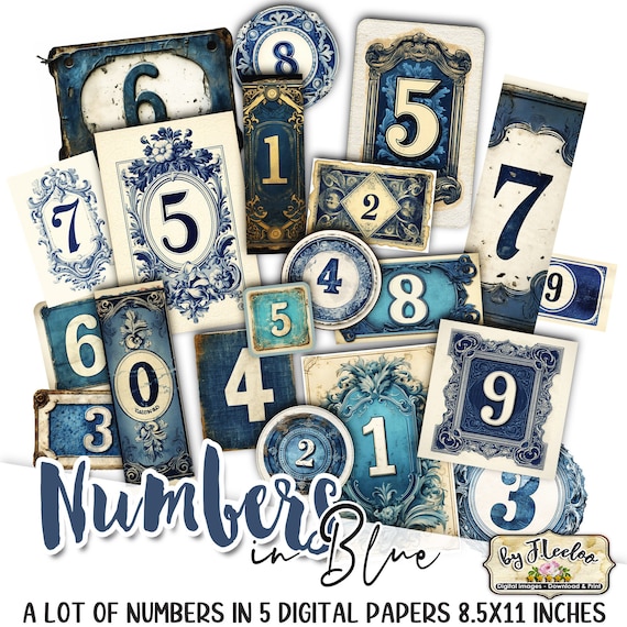 NUMBERS IN BLUE labels printable mystic fantasy supplies | tags vintage ephemera junk journal | images digital collage sheet | pp625