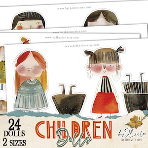 BAMBOLE BAMBOLE di carta stampabili diario spazzatura acquerello tagliato / per Cricut forniture per diario Disegnato a mano / fussy cut digitale / pp824