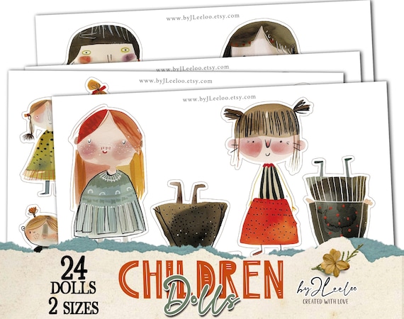 CHILDREN DOLL paper doll printable junk journal watercolor cut off | for Cricut journaling supplies Hand-drawn | fussy cut digital | pp824