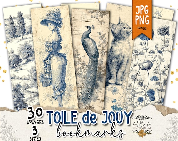 TOILE DE JOUY Bookmarks – Printable Blue Ephemera, 30 Vintage Designs for Junk Journals, Scrapbooking, Tags & Collage, Gift Tags | bm129