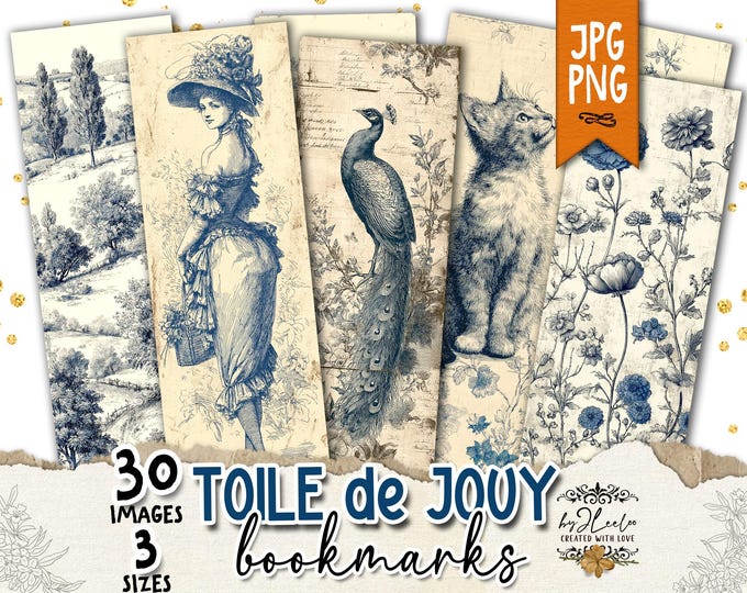 TOILE DE JOUY Bookmarks – Printable Blue Ephemera, 30 Vintage Designs for Junk Journals, Scrapbooking, Tags & Collage, Gift Tags | bm129