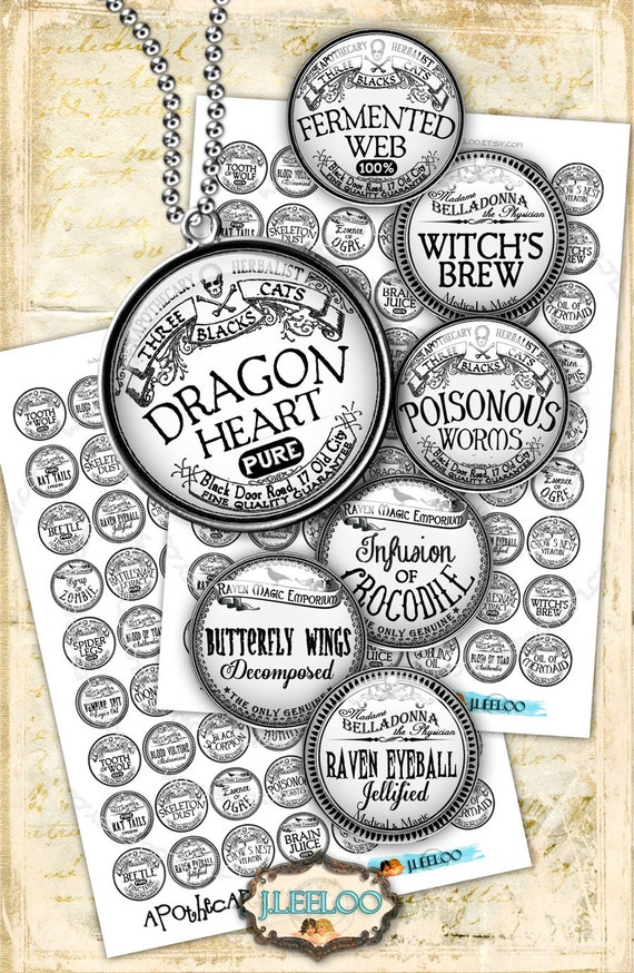 Digital paper APOTHECARY BW 1 inch circle goth hang tag label arsenic magnet stickers glass pendant instant download printable tn443