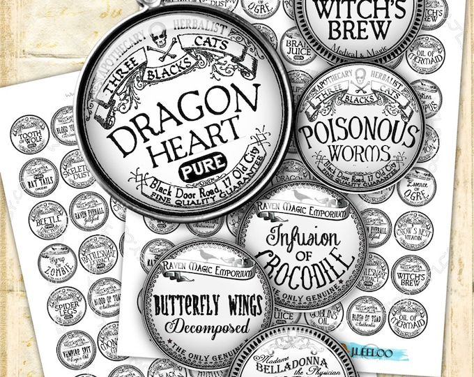 Digital paper APOTHECARY BW 1 inch circle goth hang tag label arsenic magnet stickers glass pendant instant download printable tn443