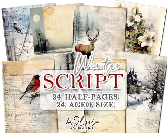 WINTER SCRIPT half pages printable for junk journal Mixed Media | Holidays Christmas supplies card making collage diary stationery | pp676