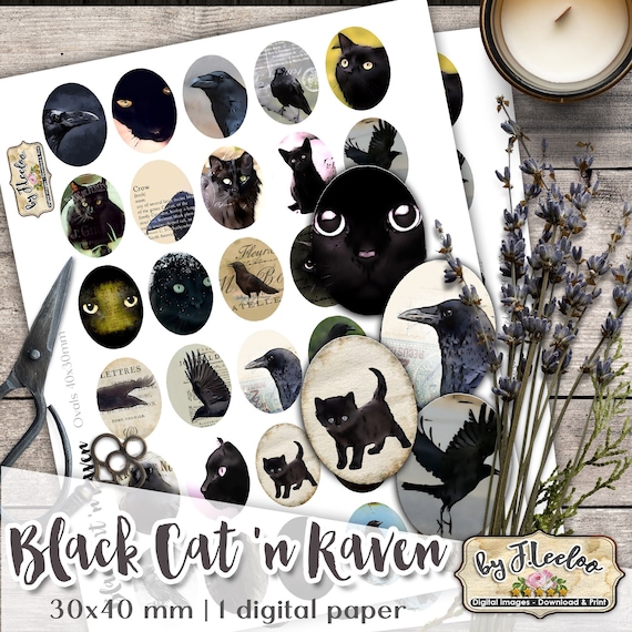 BLACK CAT 'N RAVEN 30x40mm oval for gothic halloween mystical pendant cabochon instant download Digital collage sheet ov142