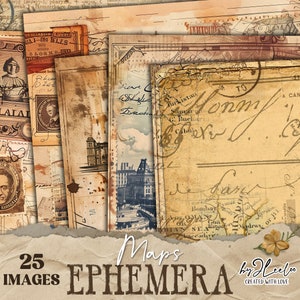MAPAS EPHEMERA Páginas vintage digitales / Diarios basura Álbum de recortes Cuaderno Collage Hoja / Papel imprimible Fondo de París Descarga / pp550
