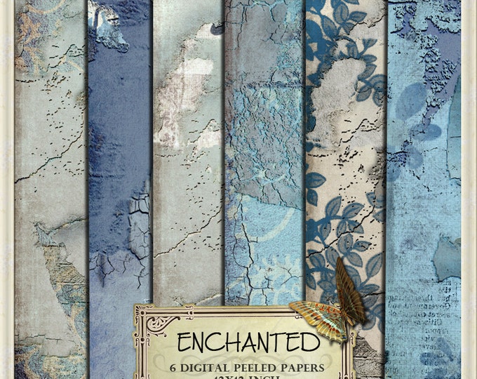 ENCHANTED large 12x12 inch blue Digital collage sheet print peeled texture grunge scrapbooking jpg instant download printable pp129