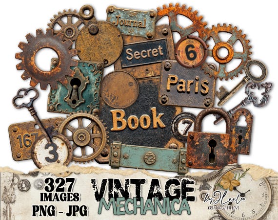 VINTAGE MECHANICA 144 Png | Jpg Png gear padlock key plate | junk journal scrapbook industrial | Masculine Rusty Grunge printable CU | cl186