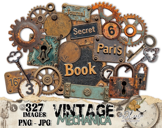 VINTAGE MECHANICA 144 Png | Jpg Png gear padlock key plate | junk journal scrapbook industrial | Masculine Rusty Grunge printable CU | cl186