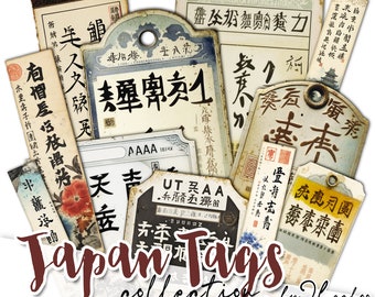 JAPAN TAGS vintage label ephemera supplies | Oriental tags aged and ruined for junk journal | scrapbooking  digital collage | tl261