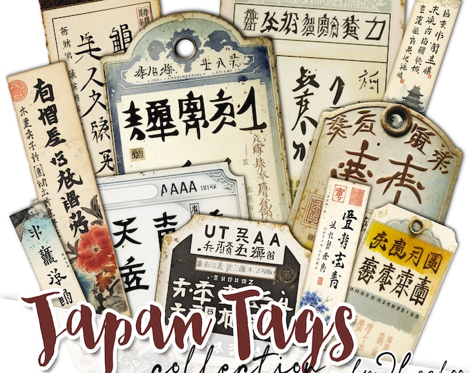 JAPAN TAGS vintage label ephemera supplies | Oriental tags aged and ruined for junk journal | scrapbooking  digital collage | tl261
