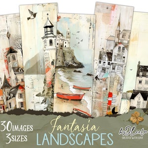 FANTASIA LANDSCAPES 30 tallies aquarela desenhados à mão | Card Making Scrapbook Junk Journal | Pacote de recortes de colagem digital para impressão | pp798