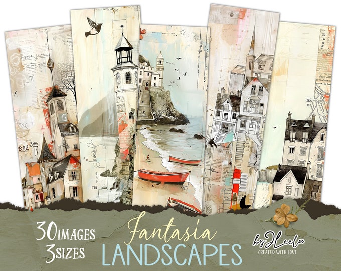 FANTASIA LANDSCAPES 30 tallies watercolor hand-drawn | Card Making Scrapbook Junk Journal | Printable digital collage Scrap pack  | pp798