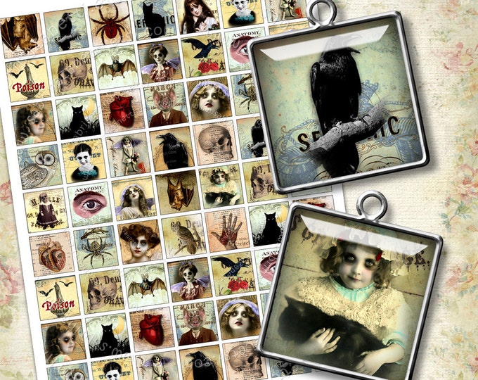 Digital collage sheet LOVECRAFT s DREAM 1x1 inch square ghost skull raven scary pendants magnet stickers pendant instant printable qu170