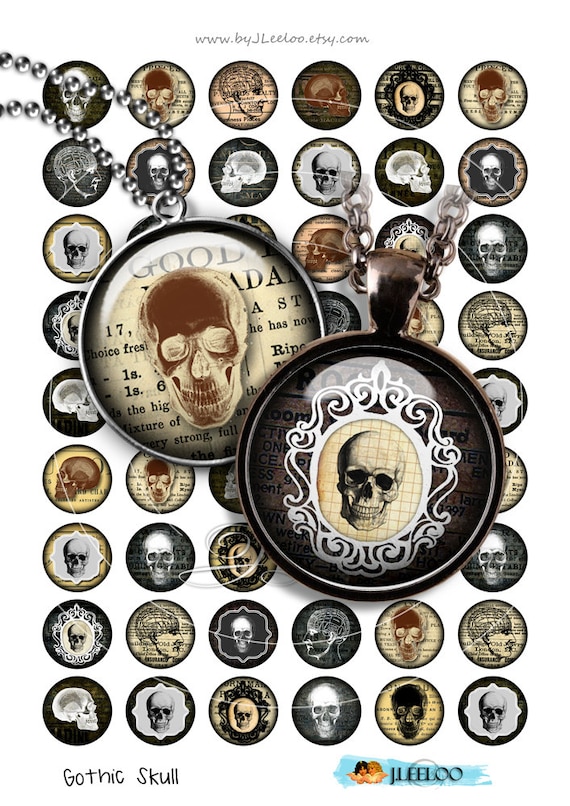 GOTHIC SKULL Digital Download 1" size printable round images for glass or resin pendants magnets bottle caps bezel trays scrapbook tn480