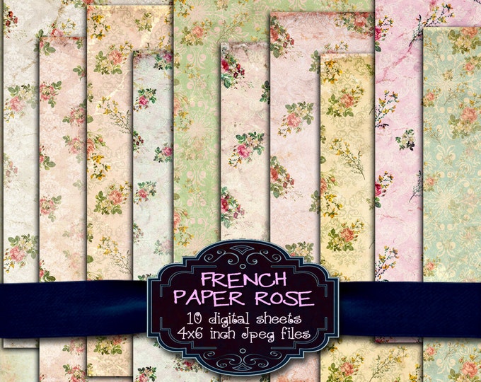 FRENCH PAPER ROSE 10 postcard digital papers Digital collage sheet flower texture digital scrapbook instant download printable pp192