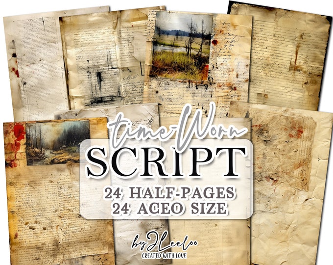 TIME-WORN SCRIPT half pages  printable | junk journal Mixed Media supplies | Distressed grunge dirty paper card making collage diary | pp677