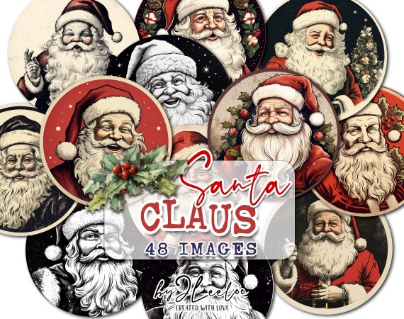 SANTA CLAUS 2.5 inch circle | Christmas vintage supplies | pocket mirrors cupcake topper scrapbook magnets | Junk journal ephemera | tn669