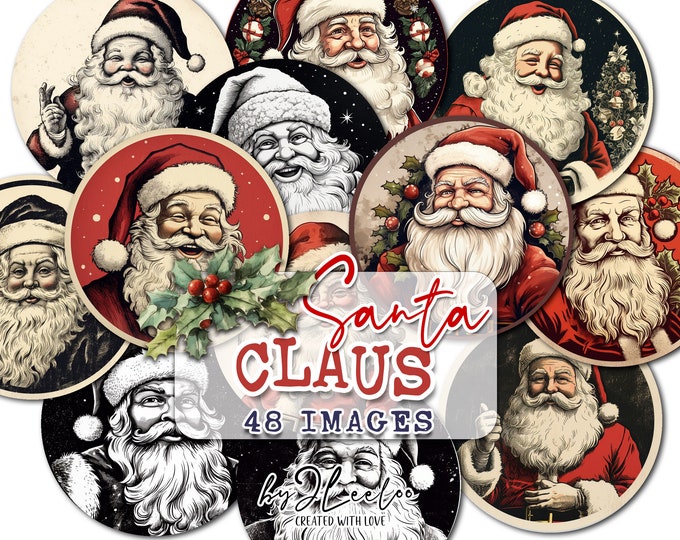 SANTA CLAUS 2.5 inch circle | Christmas vintage supplies | pocket mirrors cupcake topper scrapbook magnets | Junk journal ephemera | tn669