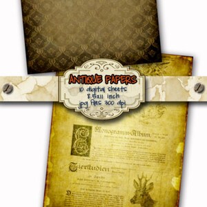 May include: A stack of antique-style digital papers with aged textures and decorative borders. The image includes sheets with floral patterns, aged text, and the text "ANTIQUE PAPERS". Each sheet is 8.5 x 11 inches.