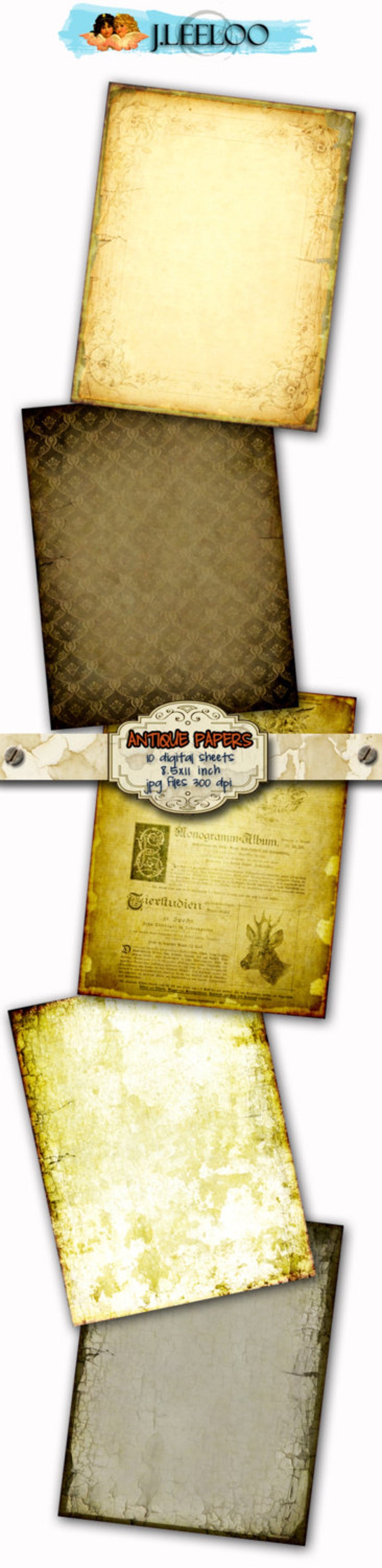May include: A stack of antique-style digital papers with aged textures and decorative borders. The image includes sheets with floral patterns, aged text, and the text "ANTIQUE PAPERS". Each sheet is 8.5 x 11 inches.