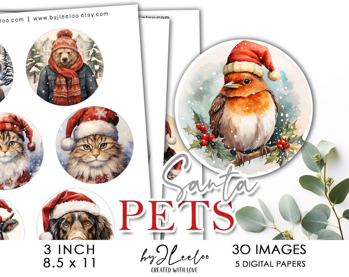 SANTA PETS 3 inch printable christmas holidays | supplies round pendants, bezel trays, glass cabochon mountings, cameo settings | tn684