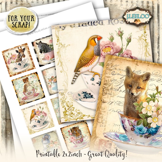 Digital print TEACUP WITH FRIENDS 2x2 inch square hang tag wild animal images pendant magnet instant download printable image qu496