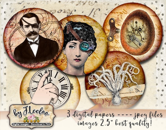 STEAMPUNK 2.5" printable and download digital collage sheet for scrapbook junk journal magnets cabochon TN576