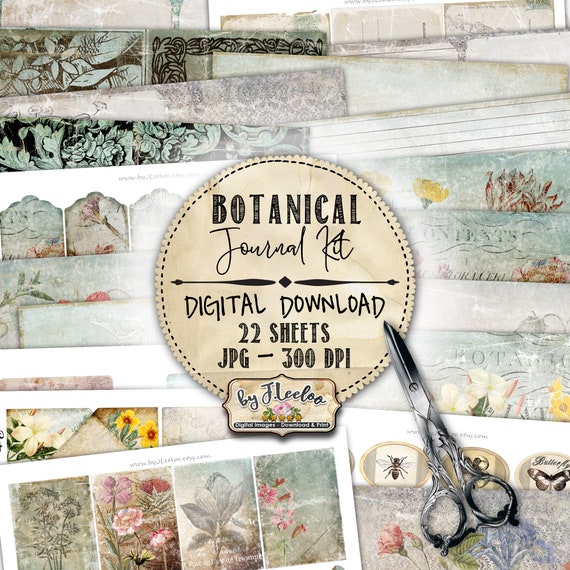 BOTANICAL Journal KIT vintage romantic shabby chic papers diy vintage ephemera diary printable collage sheets pp489