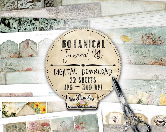 BOTANICAL Journal KIT vintage romantic shabby chic papers diy vintage ephemera diary printable collage sheets pp489