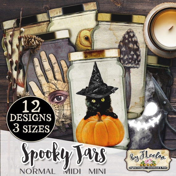 SPOOKY JARS stampabile Halloween Mason Jar effimera fornisce tag spazzatura journal vintage party santificato gotico-cl133
