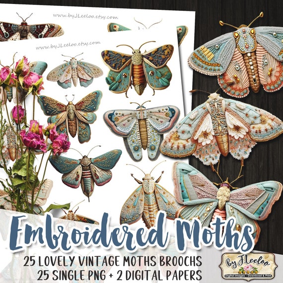 EMBROIDERED MOTHS vintage PNG broochs entomology clipart | printable vintage fussy cuts | ephemera butterfly insect junk journal | cl140