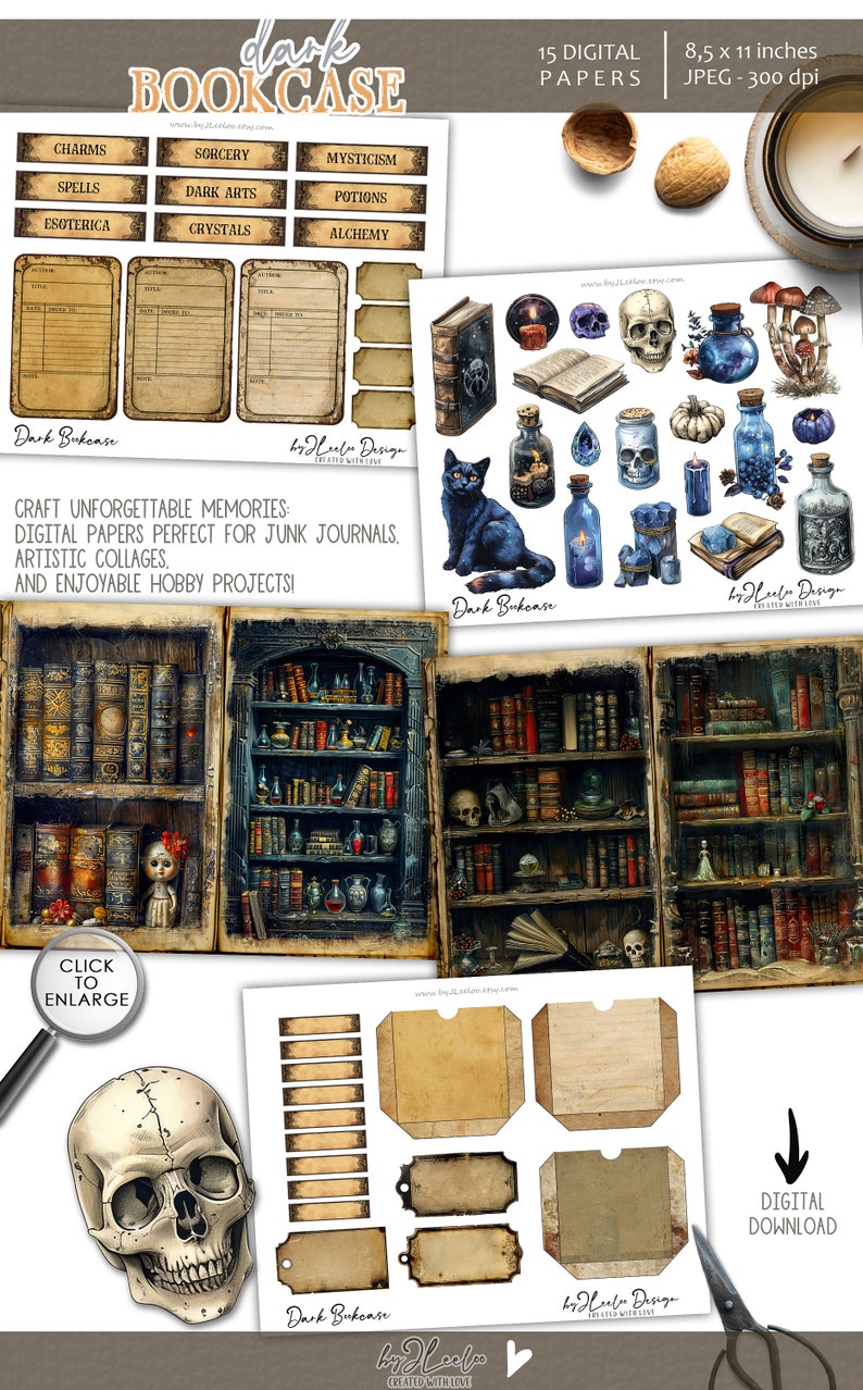 DARK BOOKCASE Junk Journal Printable | Blank Half Pages Tags Mixed ...